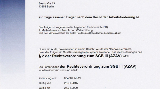 Zertifizierungsurkunde AZAV