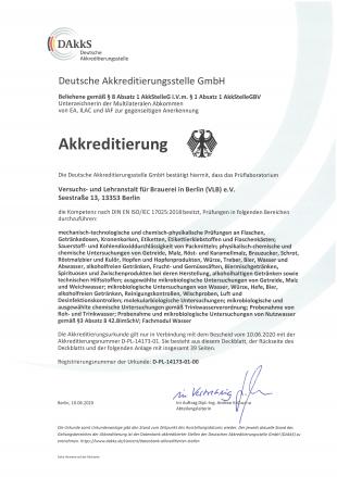 VLB beer analysis certified according to DIN EN ISO/IEC 17025:2018